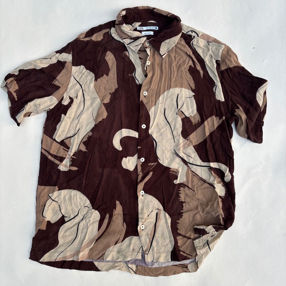 Zara Mens Abstract Panther Print Button Up Shirt Brown Tan Viscose Medium M